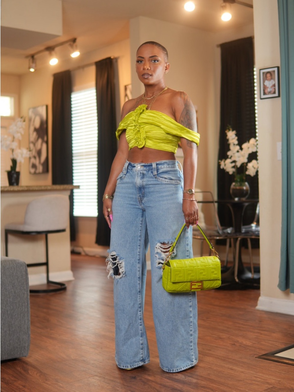 Lime Green Ruched Off-Shoulder Crop Top